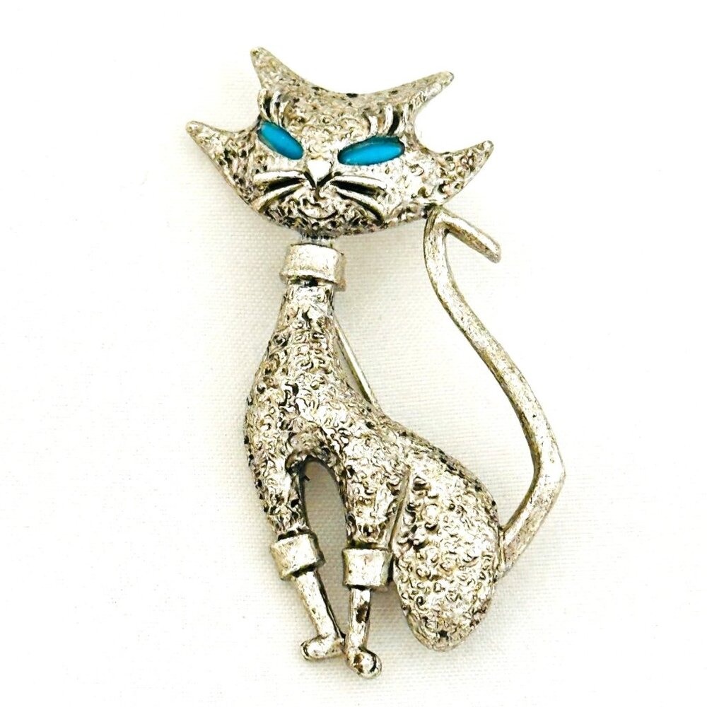 Vintage MCM Cat Brooch/Pin with Turquoise Color Eyes - Signed JC (Joseph Cleary)
